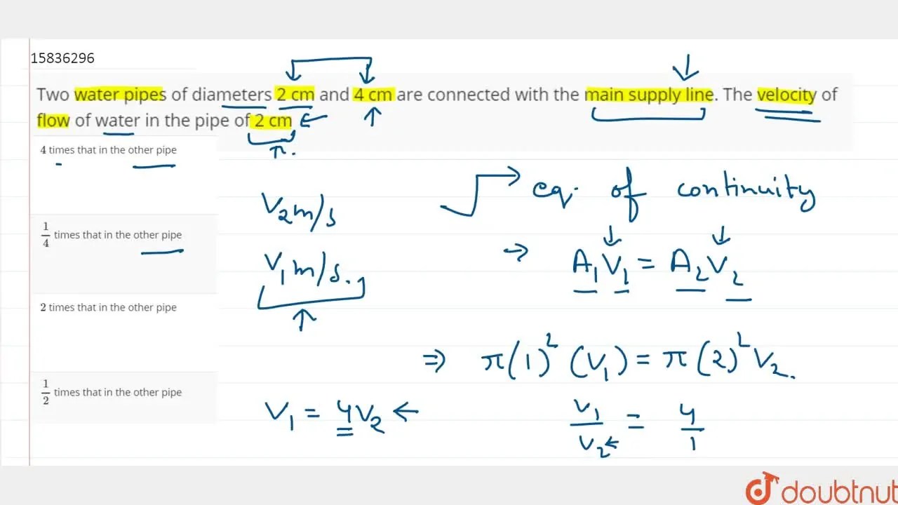 Two water pipes of diameters 2 cm and 4 cm are connected with the main