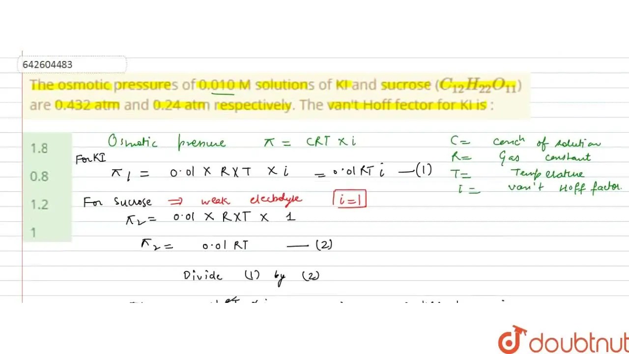 The osmotic pressures of 0.010 M solutions of KI and sucrose (C(12)H(2