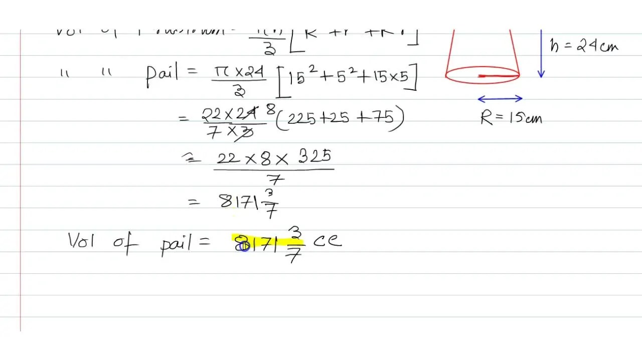 [Bengali] The radii of the two ends of a pail of height 24 cm are 15 c