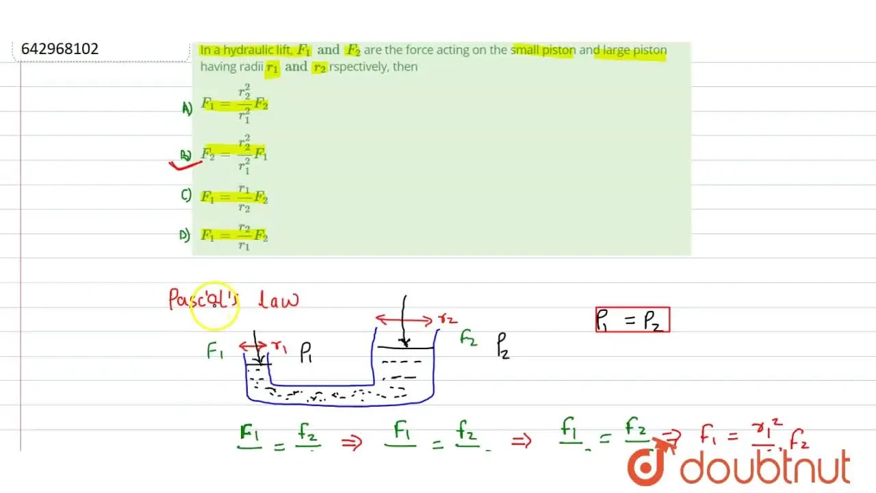 [Marathi] In a hydraulic lift, F(1) and F(2) are the force acting on t