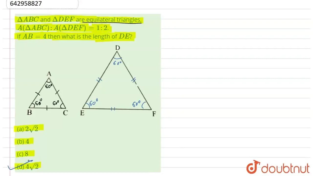 [Marathi] DeltaABC and DeltaDEF are equilateral triangles, A(DeltaABC)