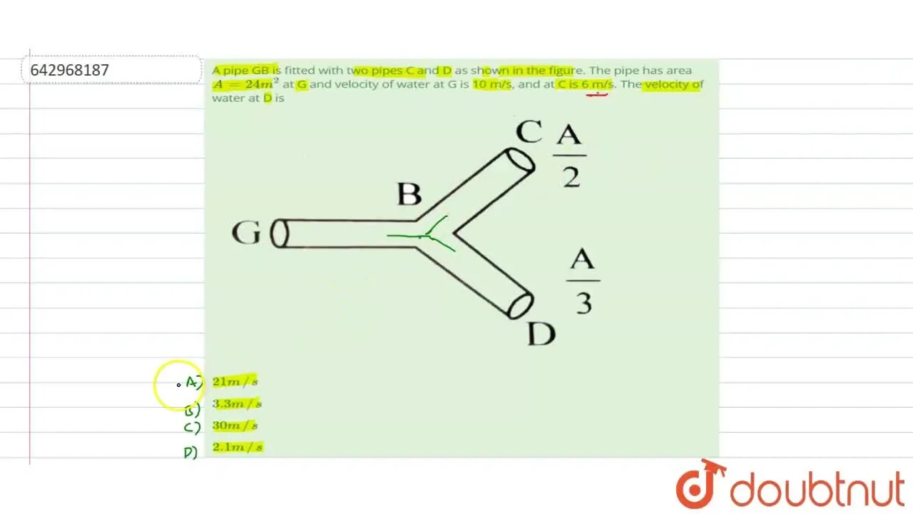 [Marathi] A pipe GB is fitted with two pipes C and D as shown in the f