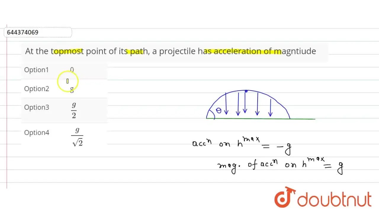 At the topmost point of its path, a projectile has acceleration of mag