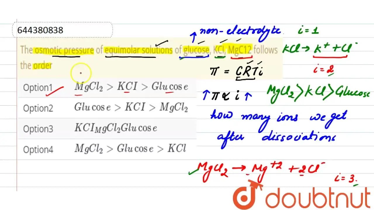 The osmotic pressure of equimolar solutions of glucose, KCI, MgC12 fol