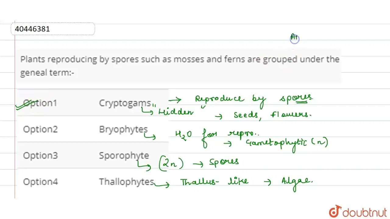 Plants reproducing by spores such as mosses and ferns are grouped unde