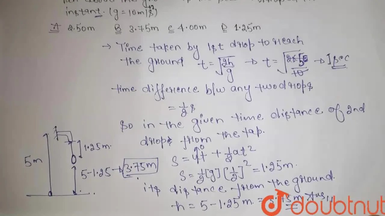 Water drops fall at regular intervals from a tap 5 m above the ground.