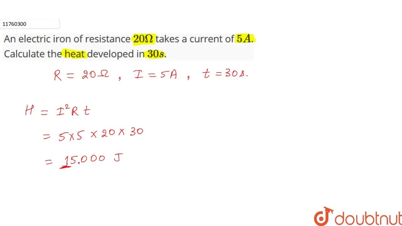 An electric iron of resistance 20 Omega takes a current of 5 A. Calcul