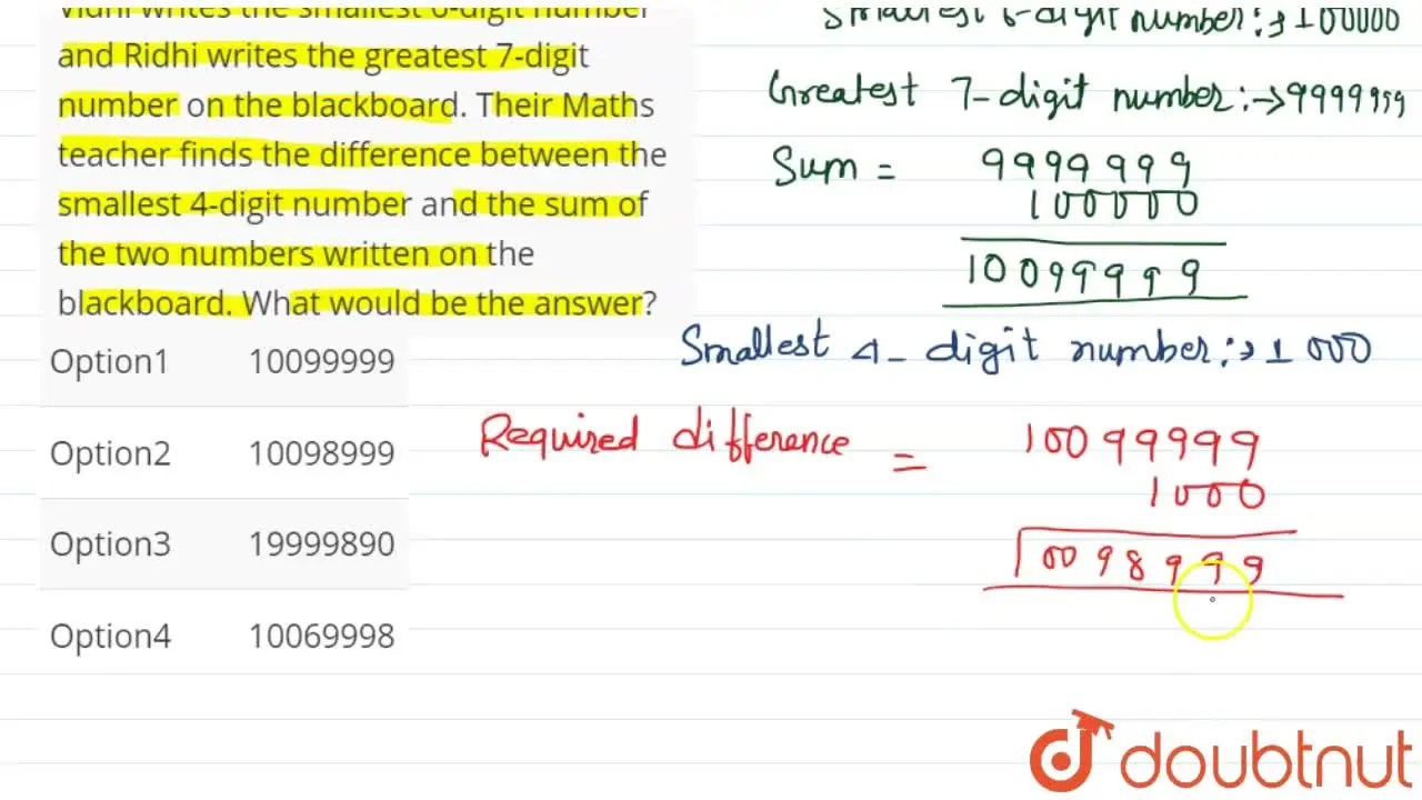 Vidhi writes the smallest 6digit number and Ridhi writes the greatest