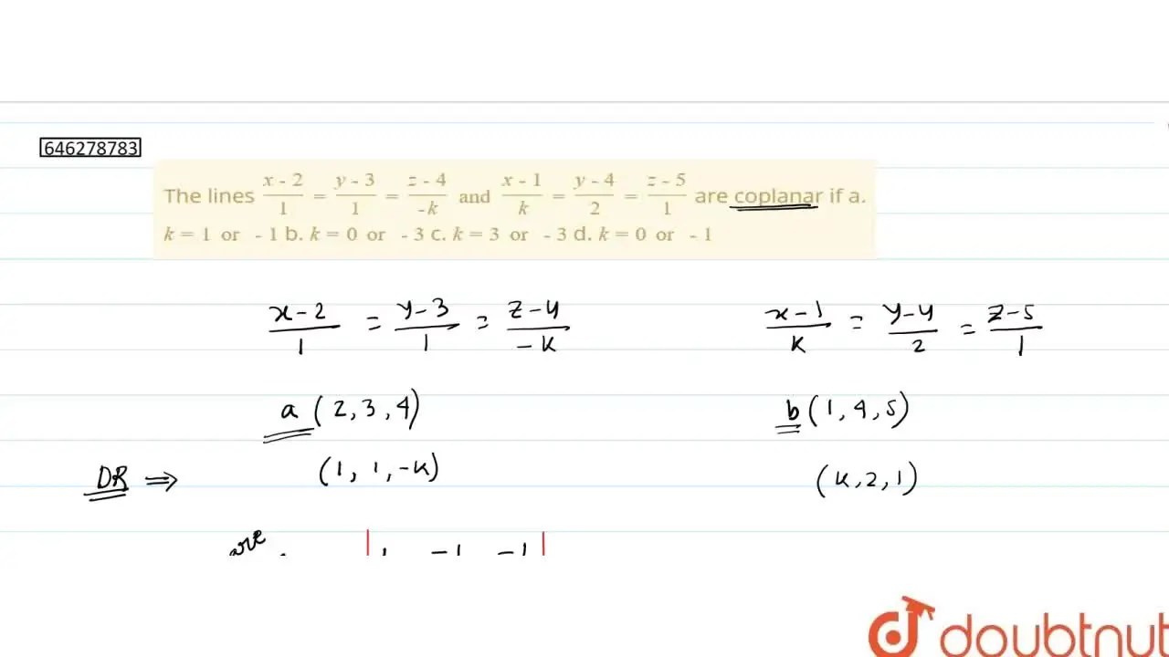 [Bengali] The lines (x2)/1=(y3)/1=(z4)/(k) and (x1)/k=(y4)/2=(z