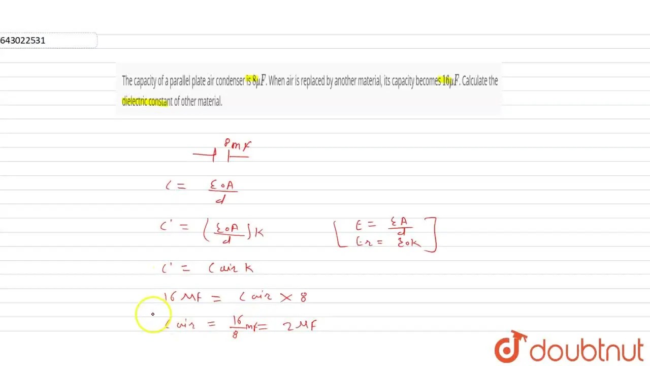 [Marathi] The capacity of a parallel plate air condenser is 8 muF. Whe