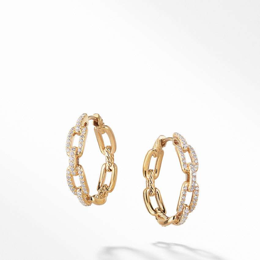 David Yurman Stax Medium Chain Link Hoop Earrings with Diamonds in 18K