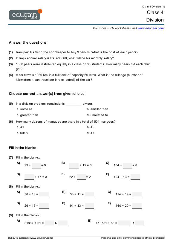 Grade 4 Math Worksheets and Problems Division Edugain Jamaica