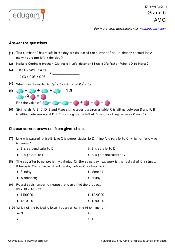 Grade 6 AMO Printable Worksheets, Online Practice, Online Tests and