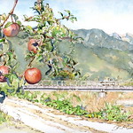 Autumn in Nagano 北アルプスを背に（安曇野ちひろ美術館横） by Yuzo Komori 小森裕三ペン彩画作品