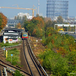 Friedenauer Br&uuml;cke Blick auf die S-Bahn, Gasometer in Sch&ouml;nebergund den Fernsehturm in Mitte