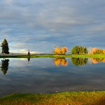 After raining all day, sunshine show up before sunset, the sun beam just like painting pen, make the pond and river, tree with magic color, very special.