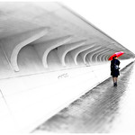 "Le parapluie rouge" "The red umbrella" D&eacute;but de la gare des Guillemins, rue Varin, Li&egrave;ge, Belgium