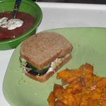 Hummus sandwich, parsnip soup, roasted sweet potatoes