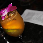 Tryst's "Summer Lovin' Rickey": tea infused Woodford Reserve bourbon and Hendricks gin, Brooklyn summer ale, lime juice, clementines