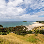 Picturesque beach and surrounds viewed from Mt Manganui, Tauranga, New Zealand