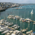 Falmouth Estuary of the River Fal and mooring pontoons from the Maritime Museum, Cornwall, England.