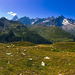 View to the Mont Blanc group from high above Val Ferret, Valais/Wallis, Switzerland