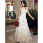 Graceful A-line Strapless Sweep Length Lace Applique Satin/Taffeta Wedding Dress