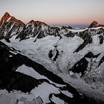 first morning light over Finsteraarhorn and Agassizhorn as seen from climbing up Schreckhorn ... I think turning my attention away from the climbing towards this captivating mountain world around me almost made me cry ... why are we doing this? maybe just