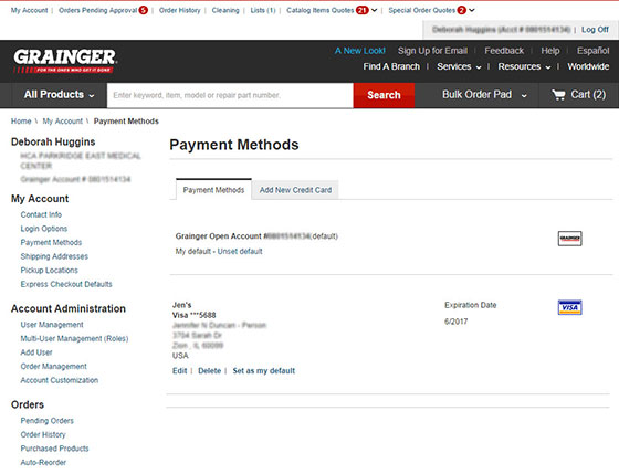 Payment Method Manage My Account Grainger Help Desk