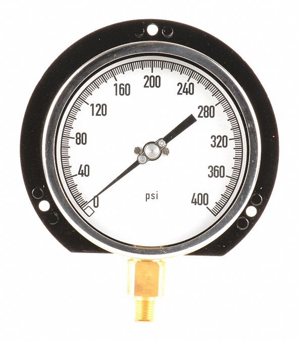 GRAINGER APPROVED PanelMount Pressure Gauge Back Flange, 0 to 400 psi, 4 1/2 in Dial, Bottom