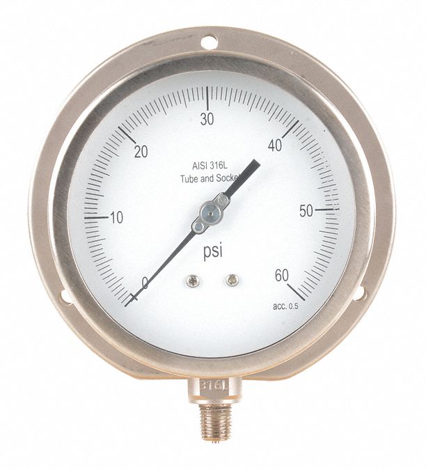 GRAINGER APPROVED PanelMount Pressure Gauge Back Flange, 0 to 60 psi, 4 1/2 in Dial, Bottom