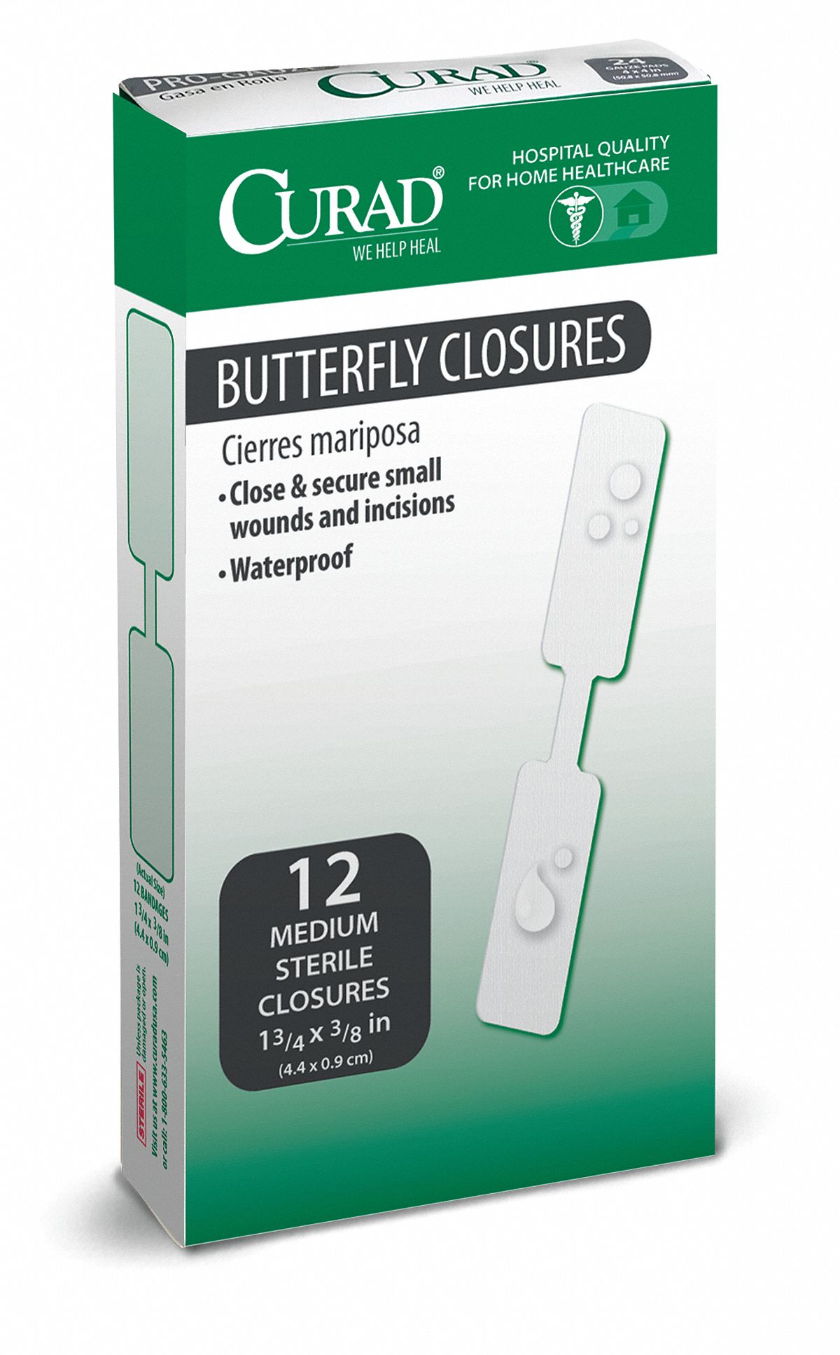 CURAD Plastic Butterfly Bandages, 13/4" x 3/8", White 11L757