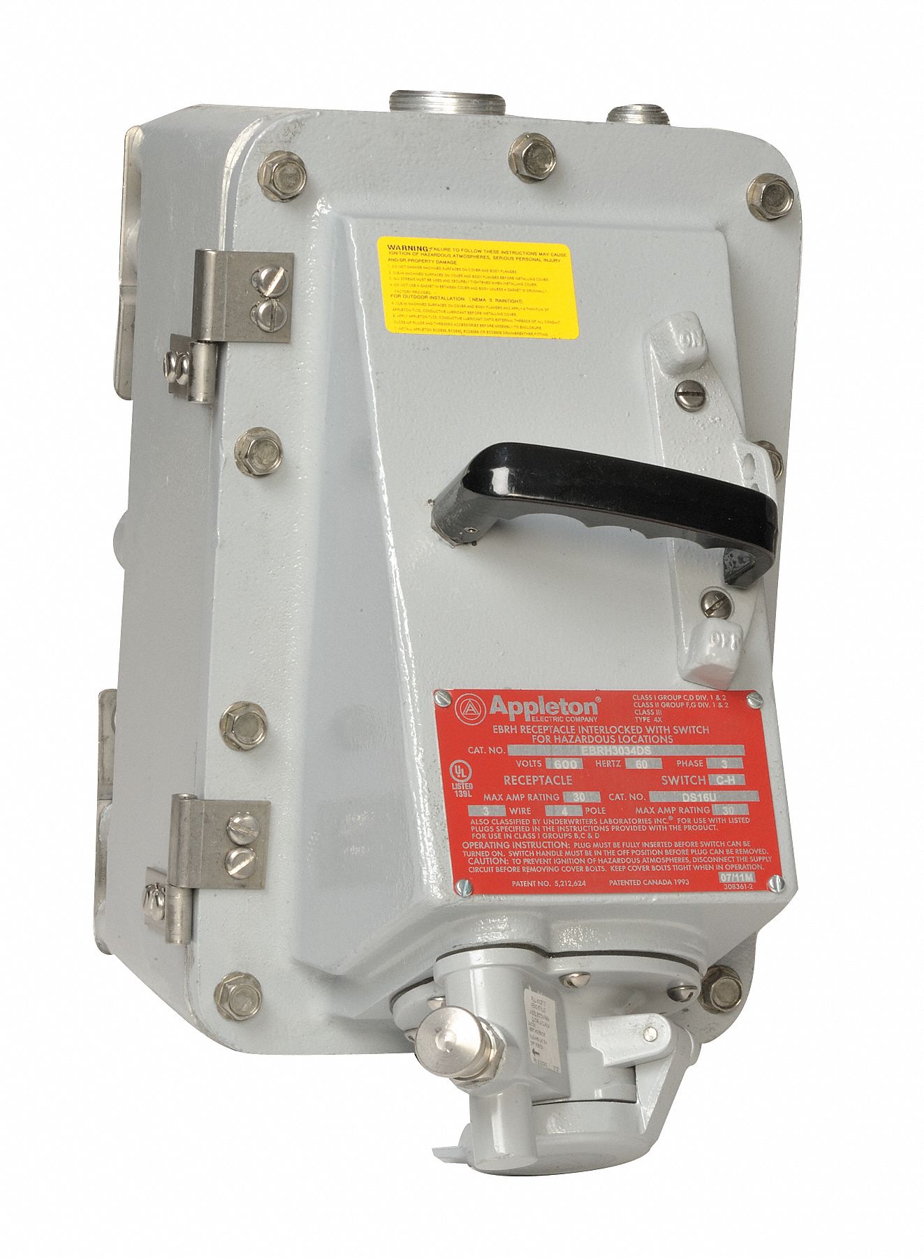 APPLETON ELECTRIC Receptacle with Disconnect Switch 60 A Amps, 4 Poles