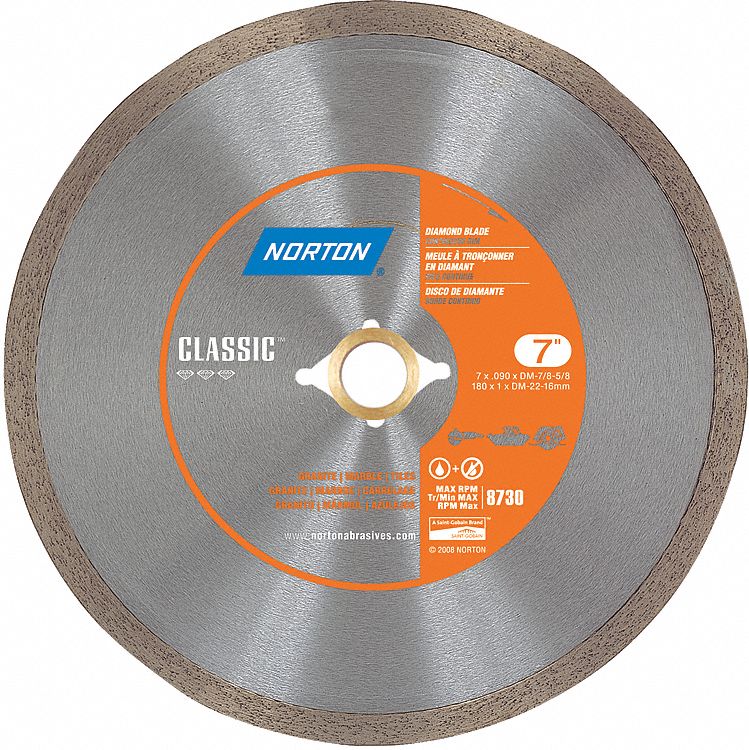 NORTON DIAMOND SAW BLADE, CONTINUOUS, 10 IN, ⅝ IN, WET, 6115 RPM, TILE