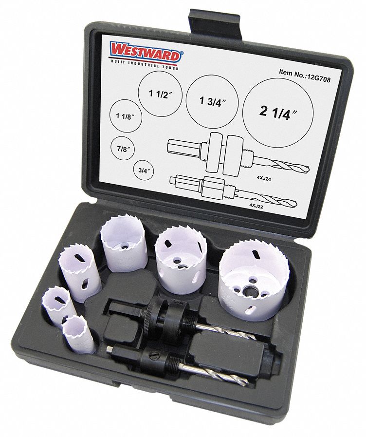 WESTWARD, 8 Pieces, 3/4 in to 2 1/4 in Saw Size Range, Hole Saw Kit