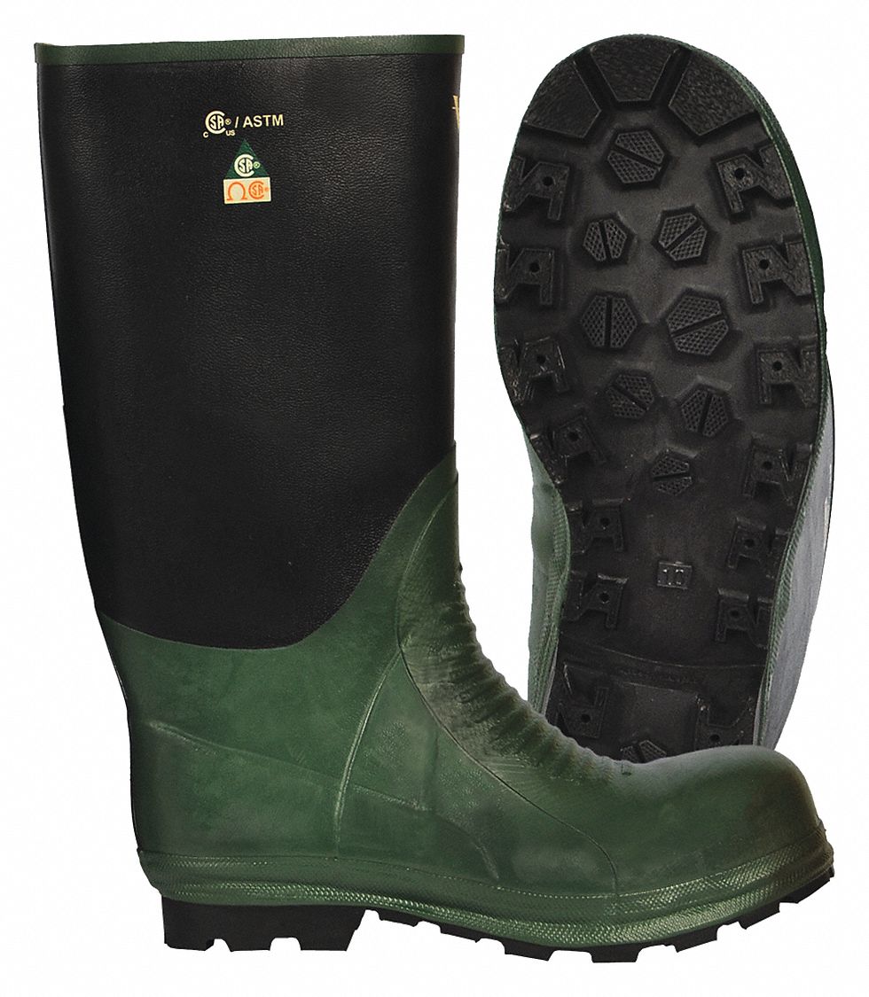 VIKING Rubber Boot, Unisex, 7, Knee, Steel Toe Type, Rubber, Black, Green, 1 PR 12J205VW837