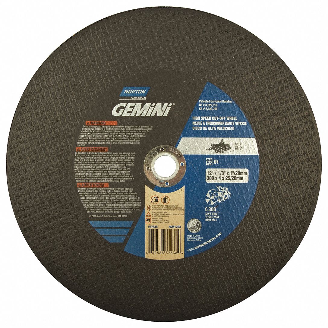 NORTON 12 in, Type 1 Aluminum Oxide Abrasive CutOff Wheel, 20mm Arbor