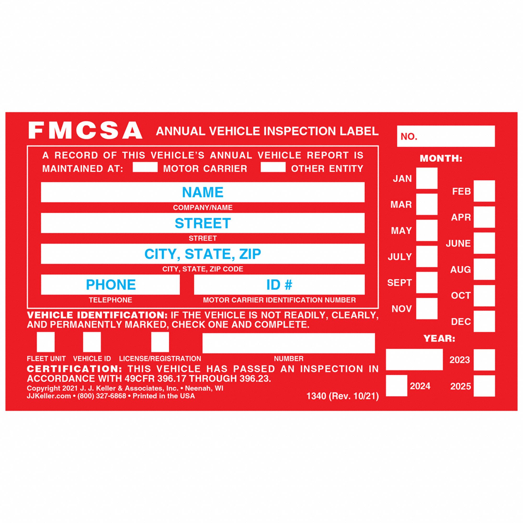 JJ KELLER, Carbonless, 1 Plies, Vehicle Inspection Decal 52VR131340