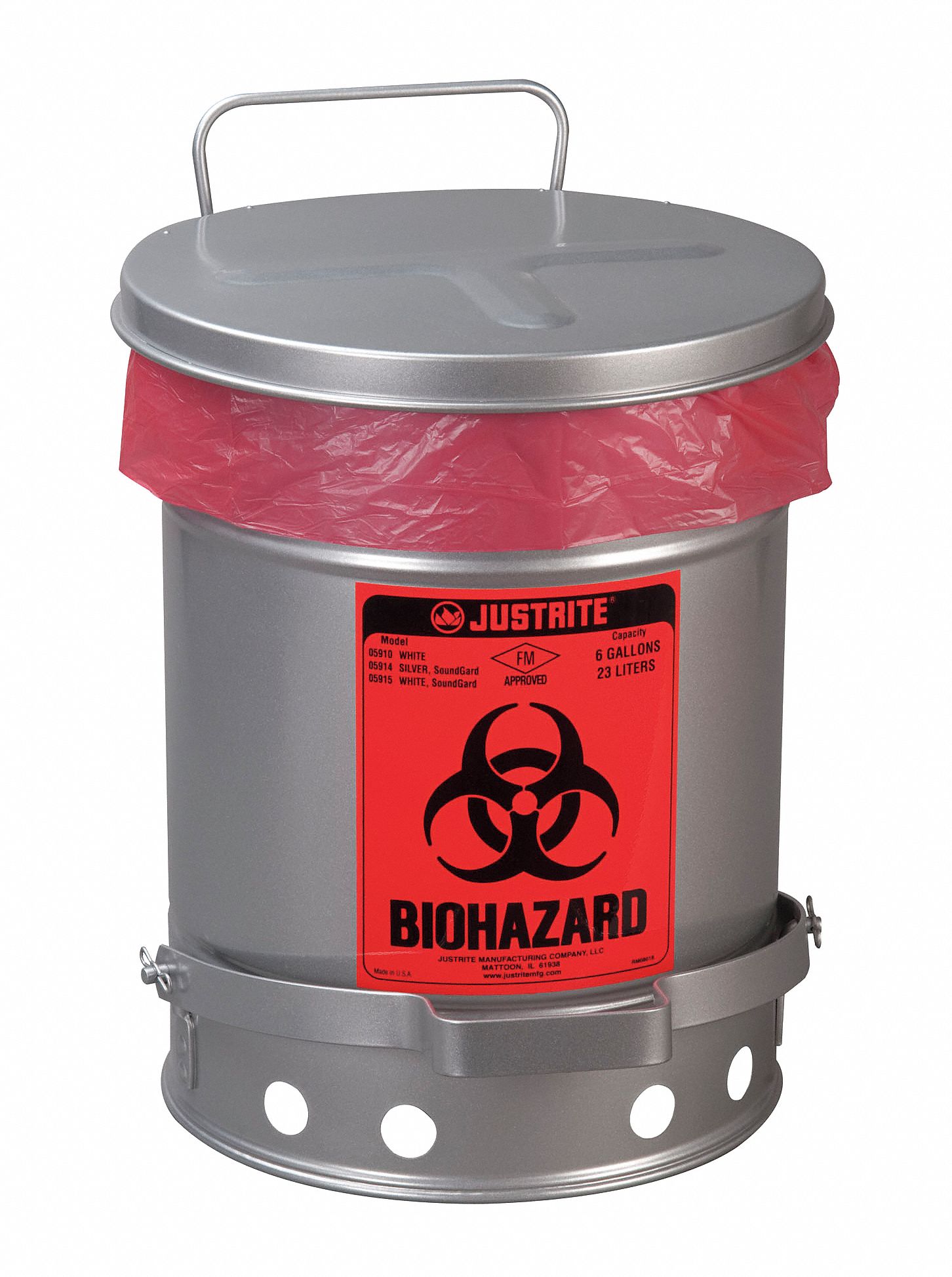 JUSTRITE, 6 gal Capacity, Steel, Biohazard Waste Can 13M33505914