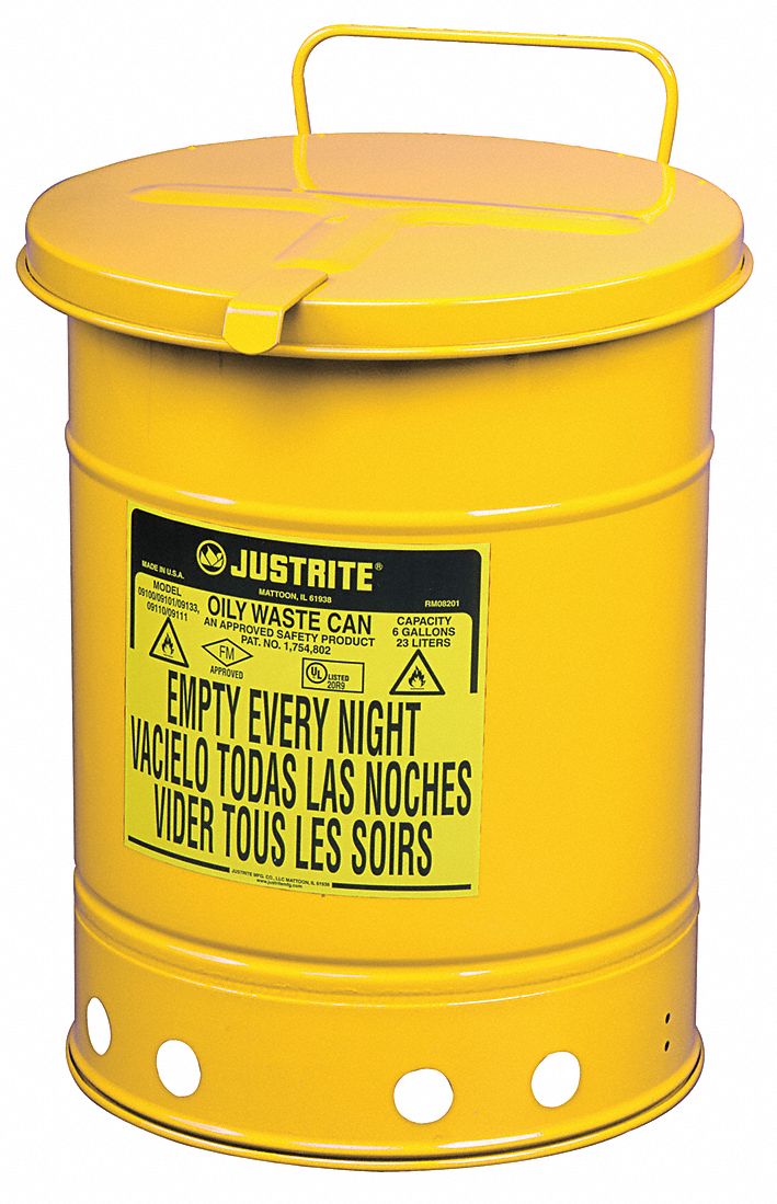 JUSTRITE Floor Oily Waste Can, 14 gal, Galvanized Steel, Yellow, Hand