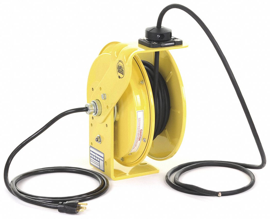 Retractable Cord Reel, 120V AC, Flying Lead, 50 ft, Yellow Reel Color