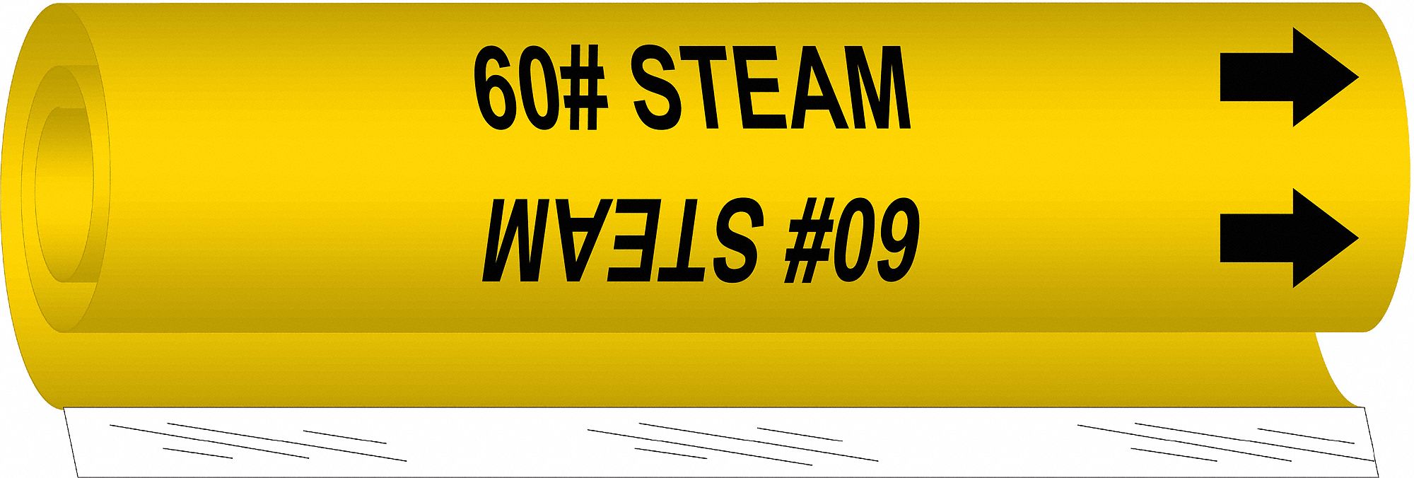 BRADY Pipe Marker 60 Steam, Yellow, Black, Fits 1 1/2 to 2 3/8 in
