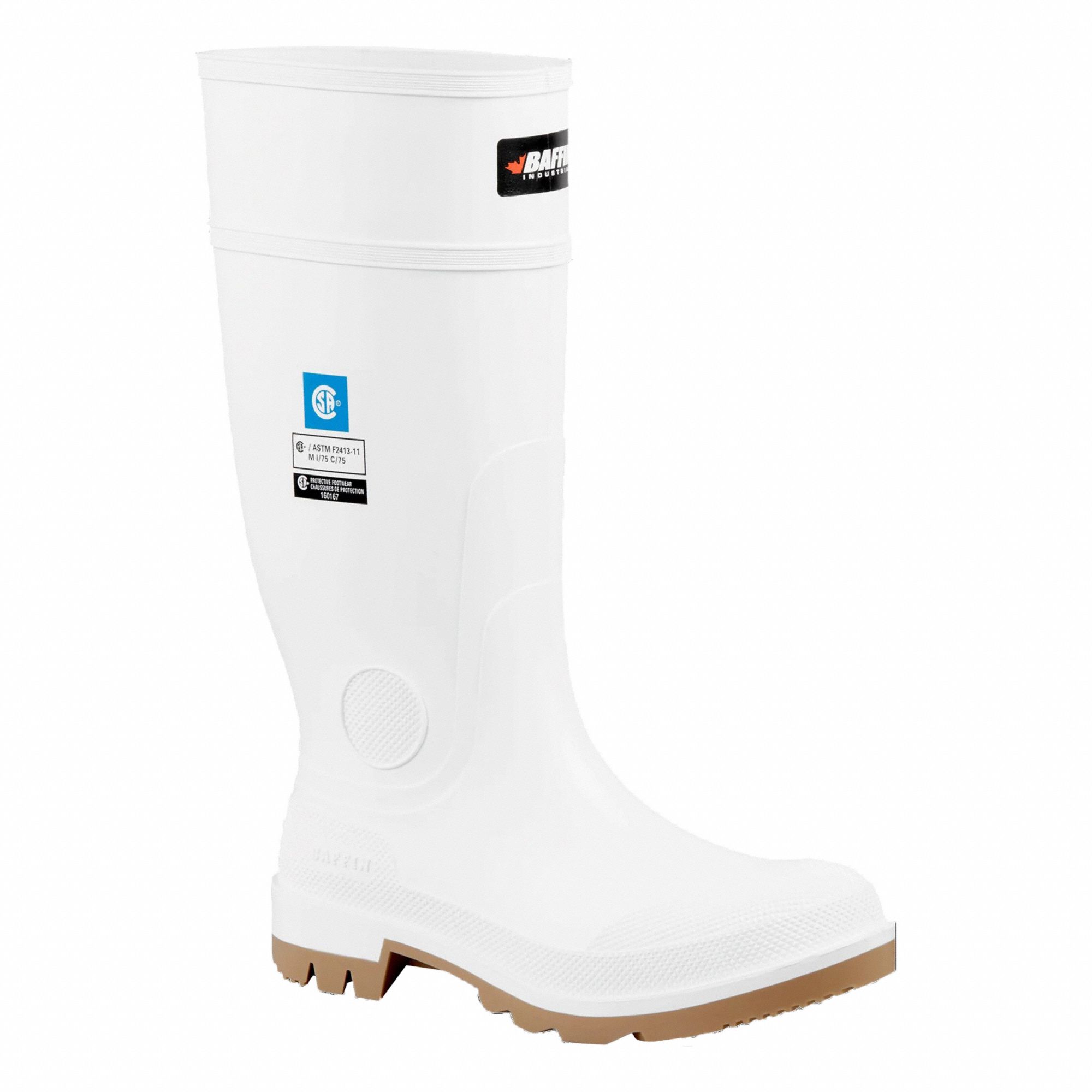 BAFFIN UNISEX BOOTS, SZ 13, RUBBER/STEEL TOE, WHITE/AMBER, CSA/ASTM, 15