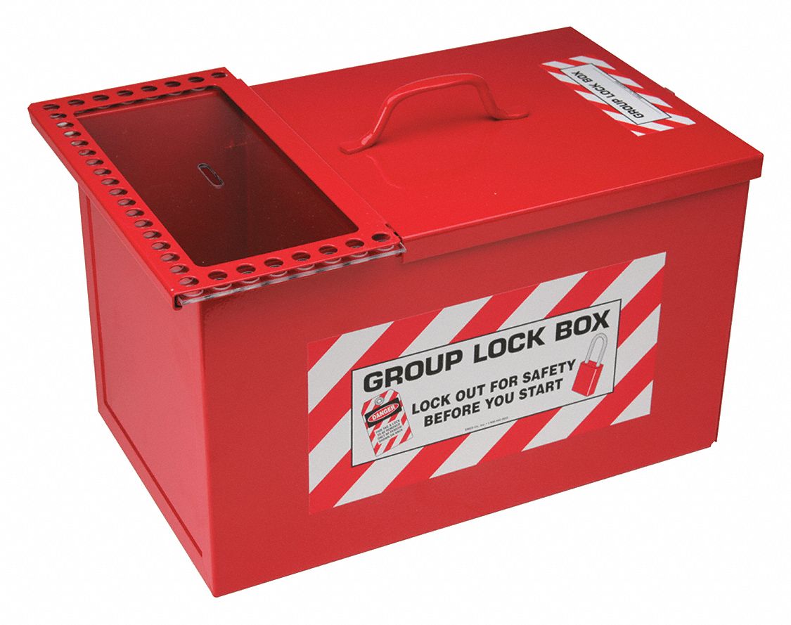 BRADY Group Lockout Box Max. 34 Padlocks, Red, Heavy Duty Steel Box, 9