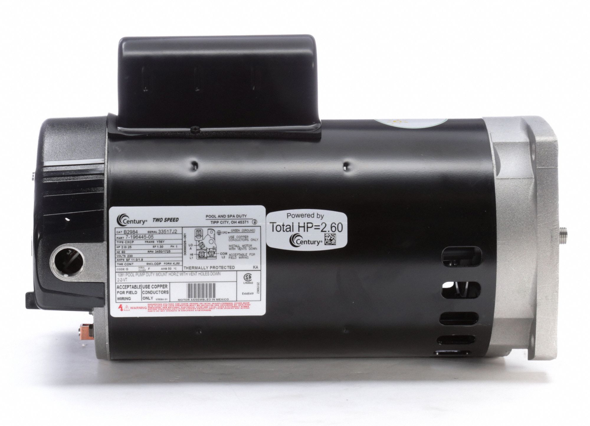 CENTURY Pool Pump Motor, 2, 1/4 HP, CapacitorStart/Run, Nameplate RPM 3,450/1,725, 56Y Frame