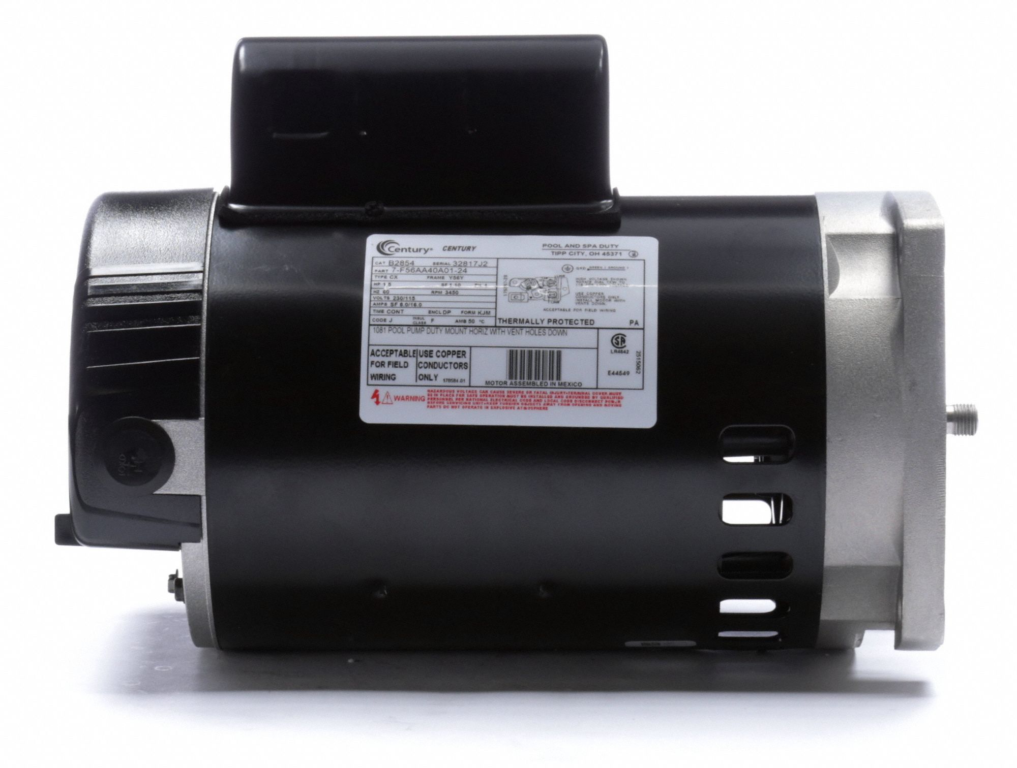 CENTURY Pool and Spa Pump Motor, 1 1/2 HP, Permanent Split Capacitor