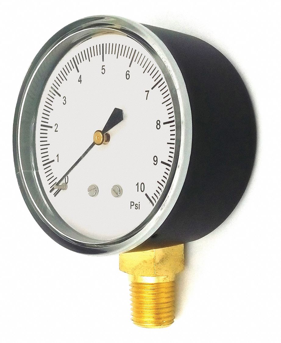 GRAINGER APPROVED Pressure Gauge, 0 to 10 psi Range, 1/4 in NPT, +/1.50 Gauge Accuracy