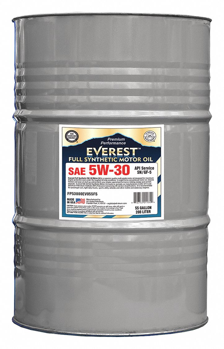 EVEREST Full Synthetic, Engine Oil, 55 gal, 5W-30, For Use With