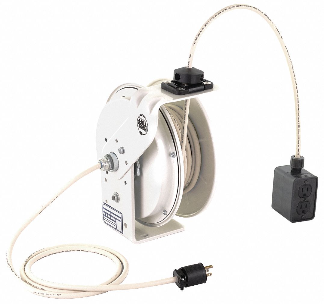 Retractable Cord Reel, 120V AC, Quad Box Receptacle, 25 ft, White Reel