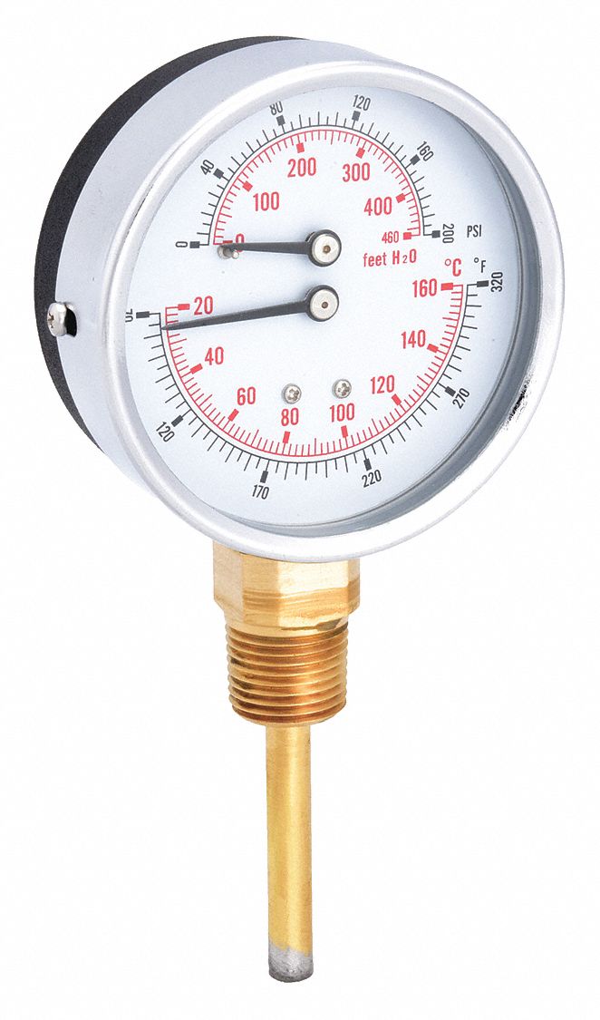 PIC GAUGES, 0 to 200 psi, 70° to 320°F, Round Boiler Gauge 19RZ43TRIHD302LG Grainger